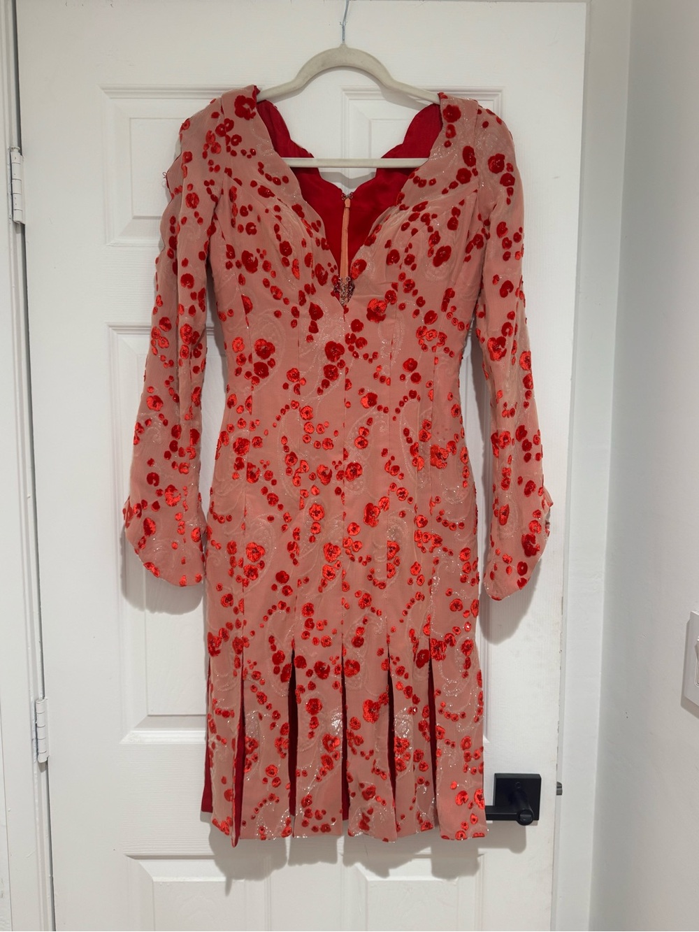 Vintage Baracci l/s Dress with Red Swarovski Crystals & Crushed Velvet detail
